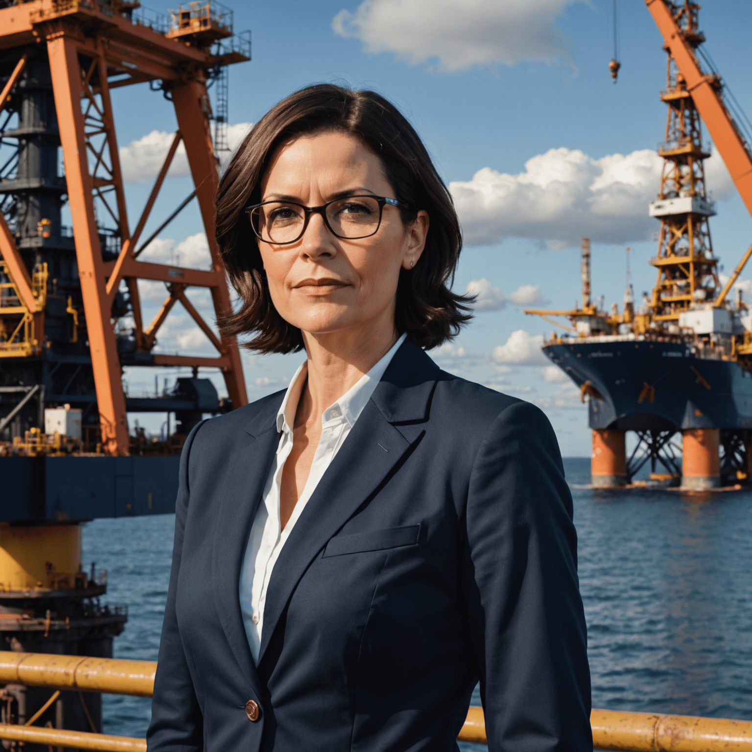 Sarah Thompson, a professional woman in her 40s with short dark hair and glasses, wearing a navy blue blazer, standing in front of an oil rig