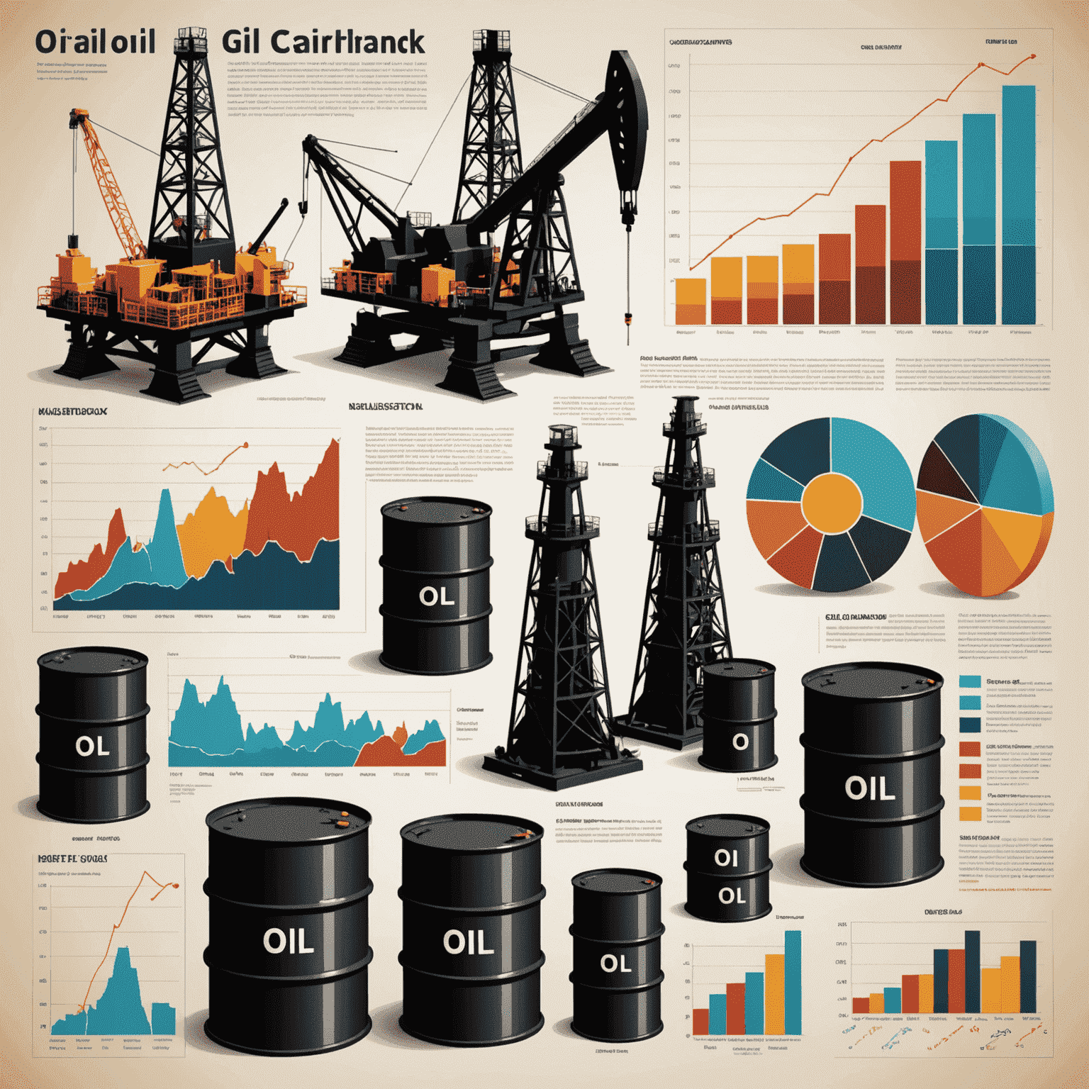 An infographic showing various oil industry elements such as oil rigs, barrels, and stock charts, symbolizing the basics of oil investing