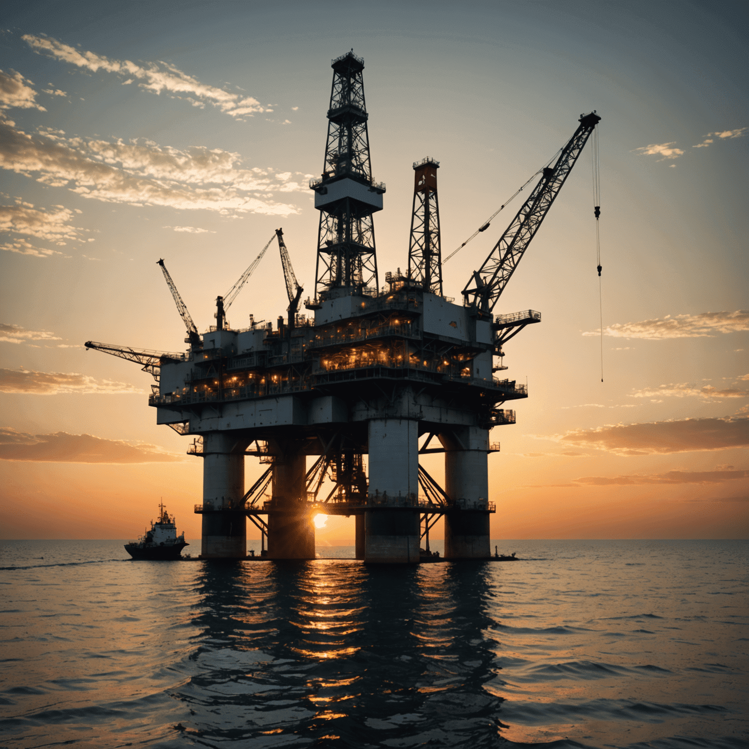 Oil rig at sunset with a graph overlay showing rising oil prices