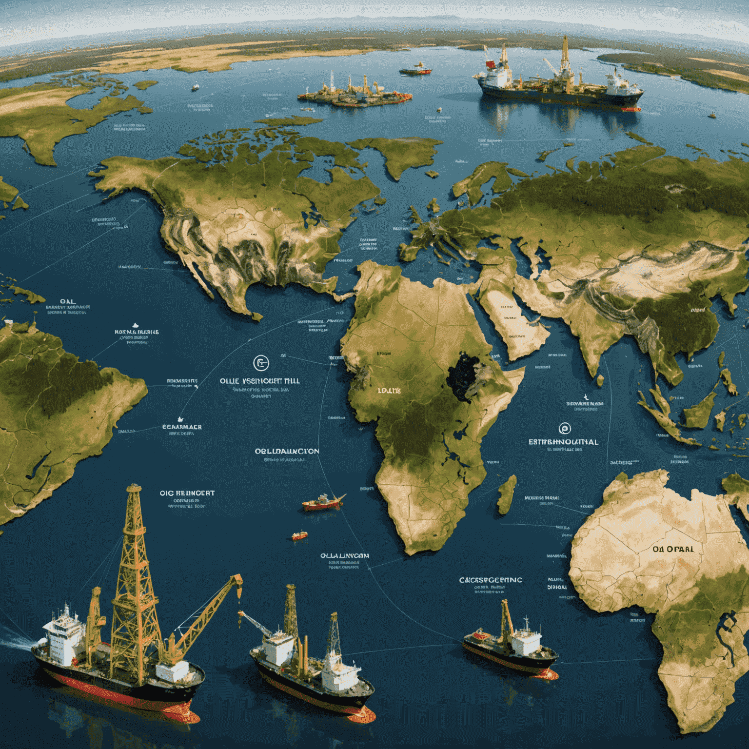 Diverse oil investment portfolio visualization showing various sectors and global map with oil fields