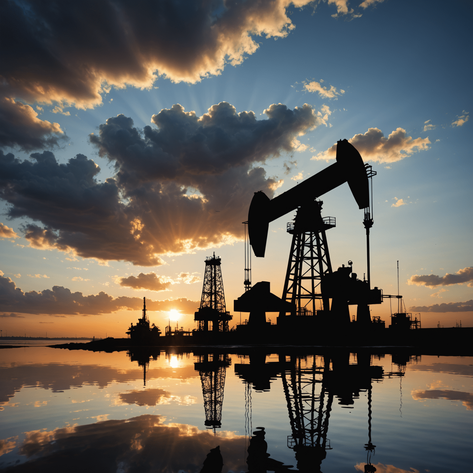 Oil rig silhouette against a dramatic sky with price chart overlay, symbolizing the volatile nature of oil markets