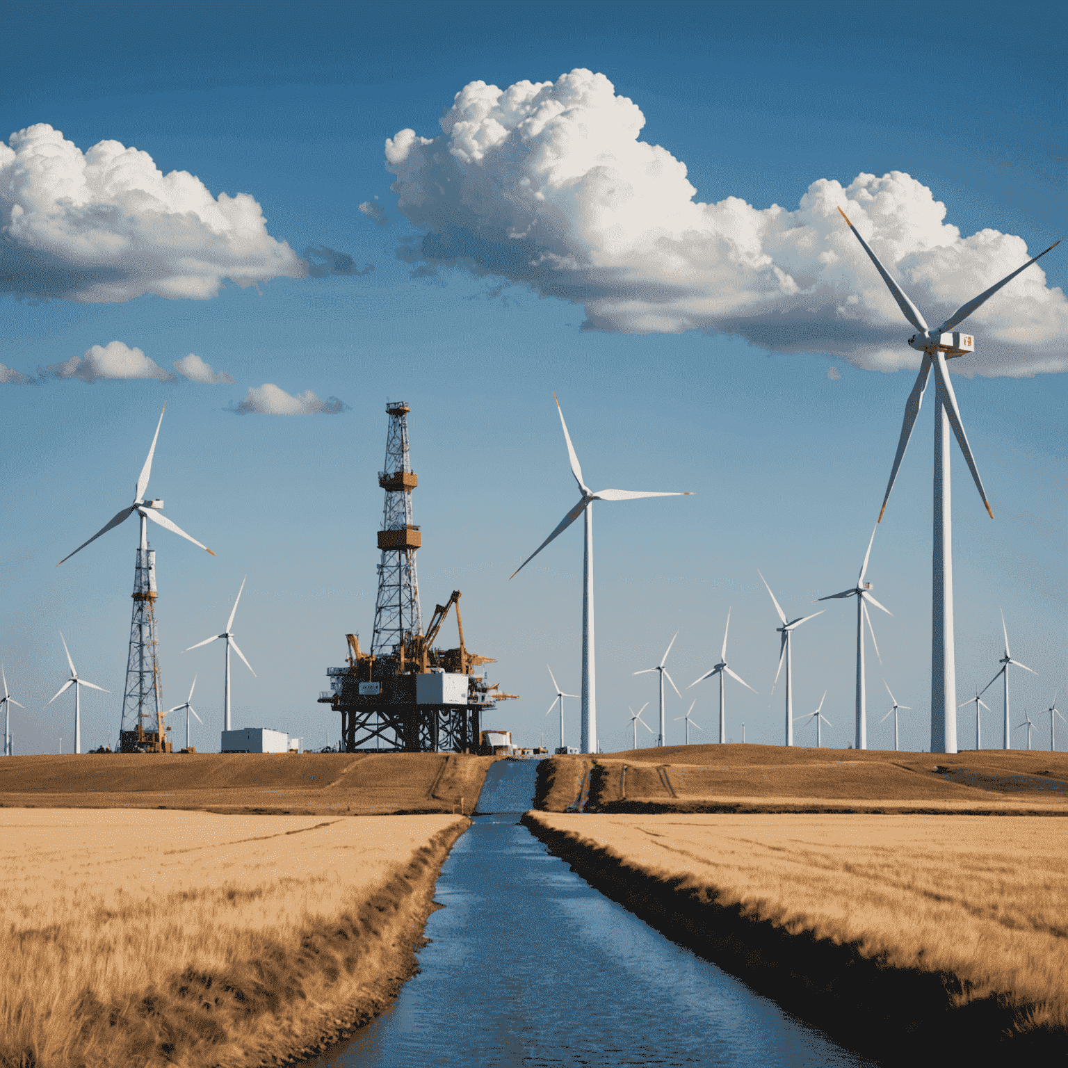 A split image showing an oil rig on one side and a wind farm on the other, symbolizing the balance between traditional oil investing and sustainable practices