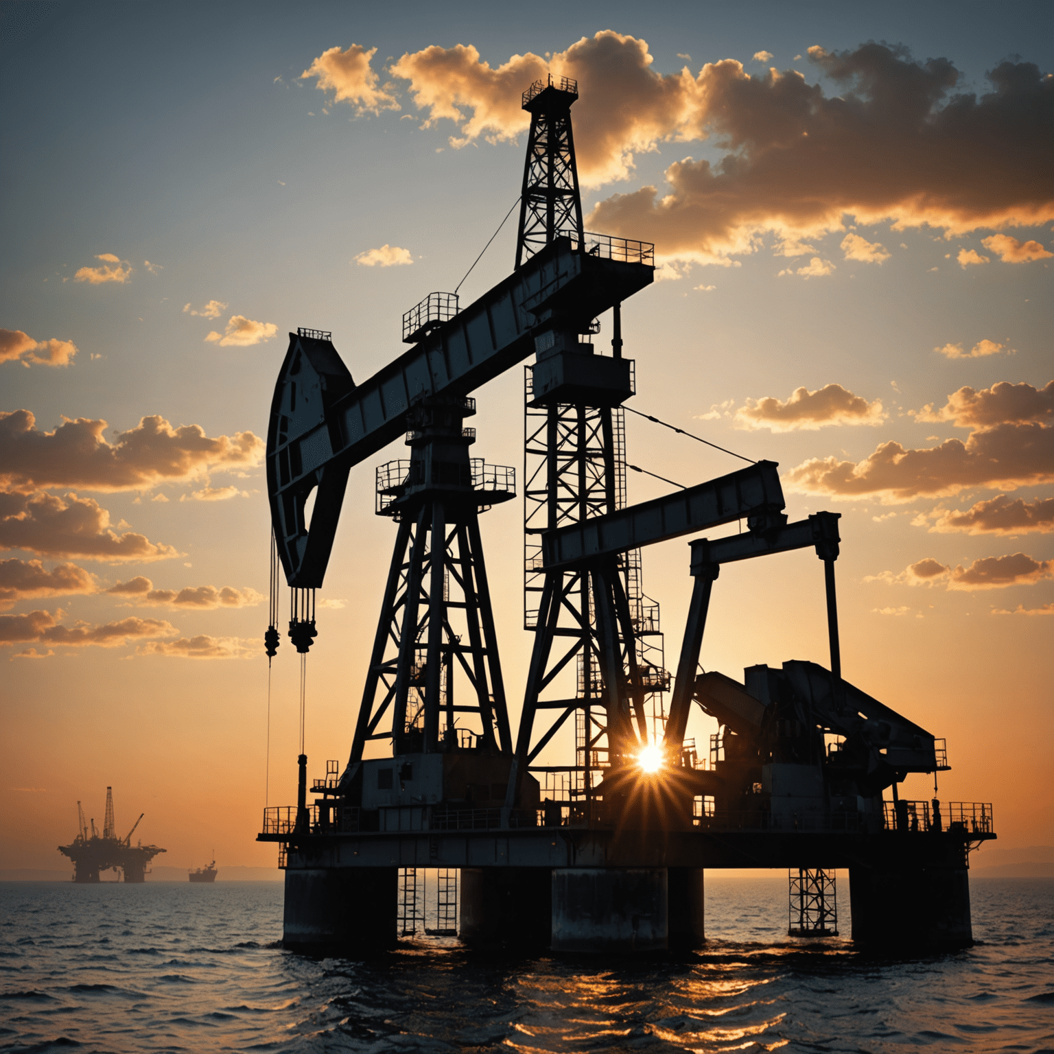 Oil rig at sunset with financial charts overlay, symbolizing the balance between oil investment and risk management