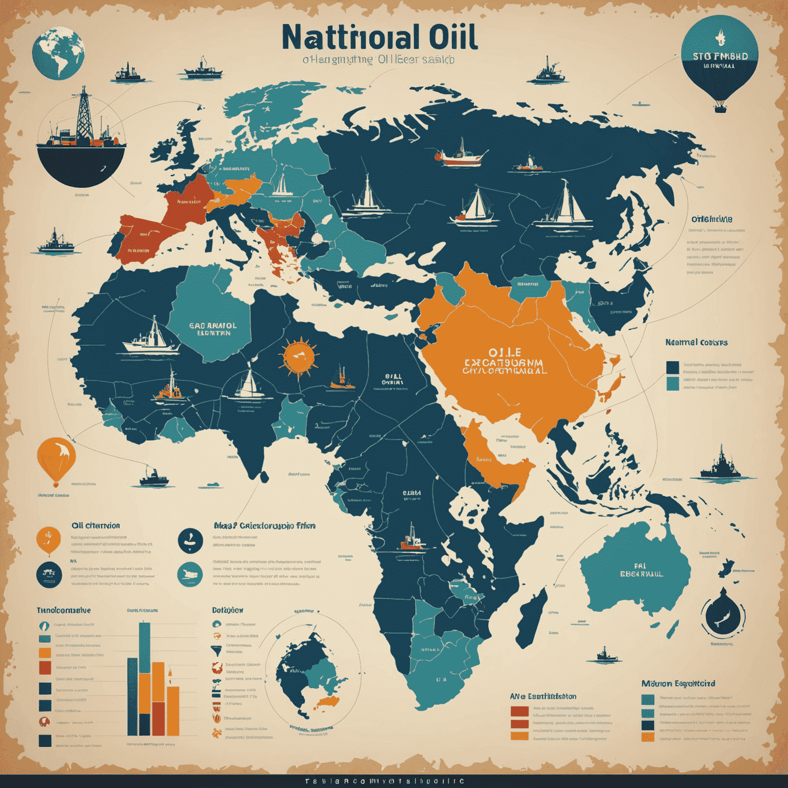 World map highlighting major oil-producing regions with icons representing different types of oil extraction methods