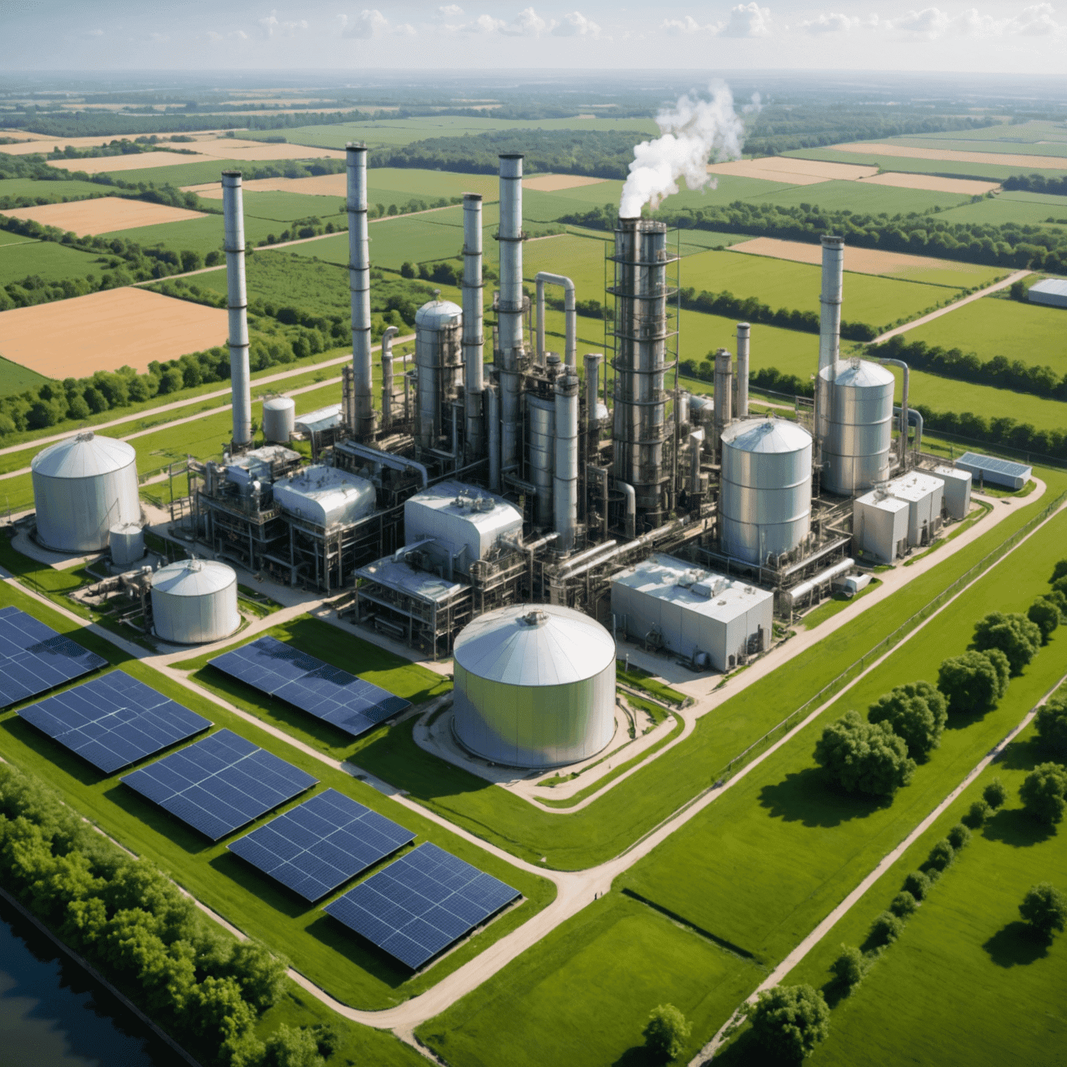 An eco-friendly oil refinery with solar panels and green surroundings